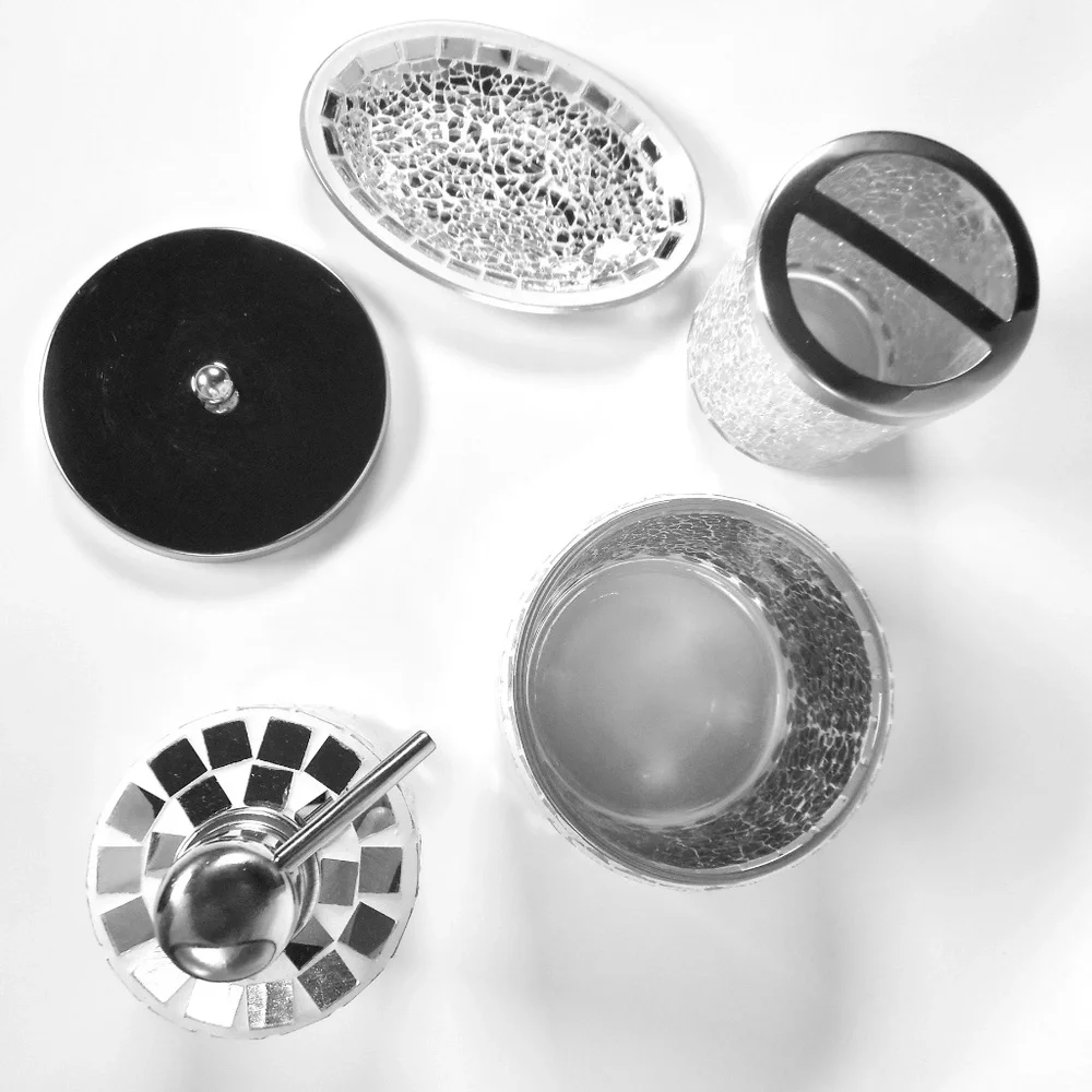 4 pc Mosiac Silver Mirror Glass Soap Dispenser Dish Jar Toothbrush Holder Bling